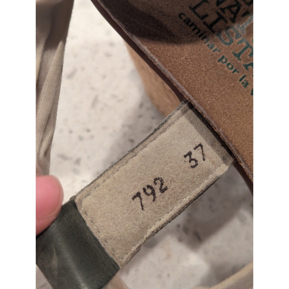 El Naturalista Block Heeled Sandals Ankle Strap Tan Fabric Green Leather  37 / 7 - Picture 8 of 11